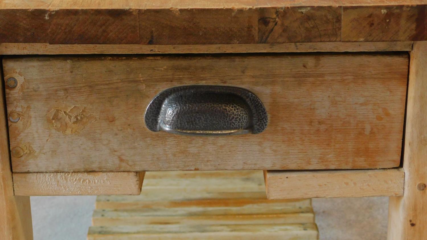 A teak plank top kitchen table with fitted end drawers on distressed base on square tapering - Image 4 of 6