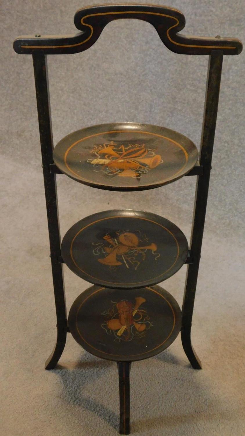 A Japan lacquered shelved whatnot a similar cakestand and a plant pot stand. H.76cm (tallest) - Image 3 of 7