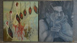 Two unframed oil paintings, portrait and an abstract composition. 66x54cm