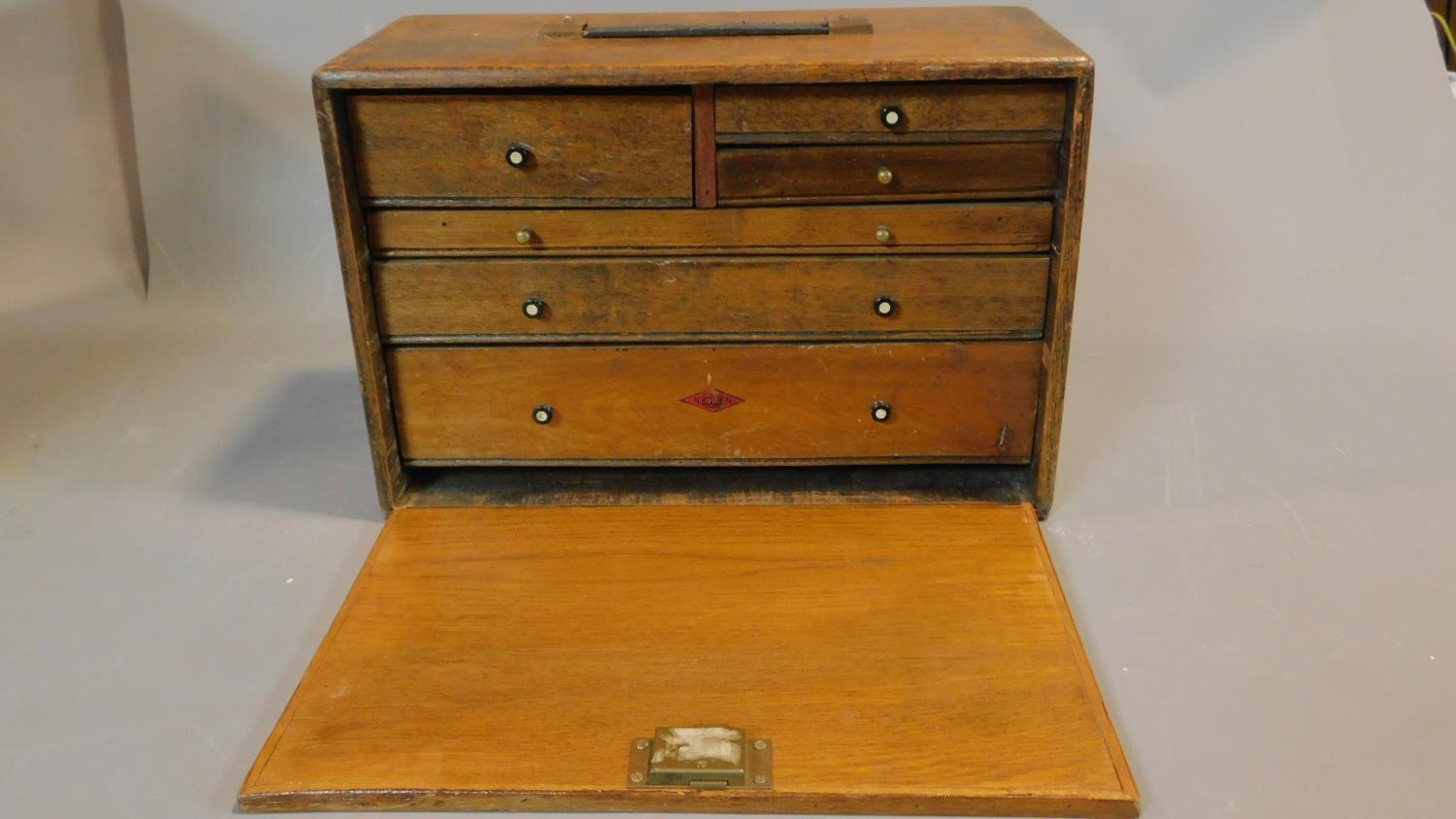 A late 19th century fitted specimen box with fall front and maker's mark. 28x40x19cm - Image 2 of 6