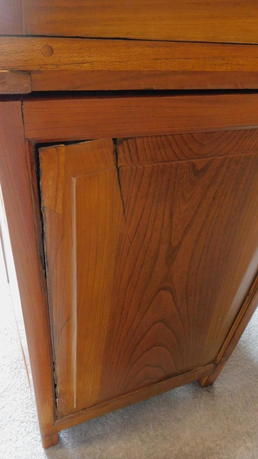 An American style teak roll top desk with fitted pigeon hole interior on pedestal bases fitted - Image 6 of 7