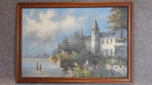 A large vintage framed oil on canvas, chateau by a lake, signed. 100x70cm