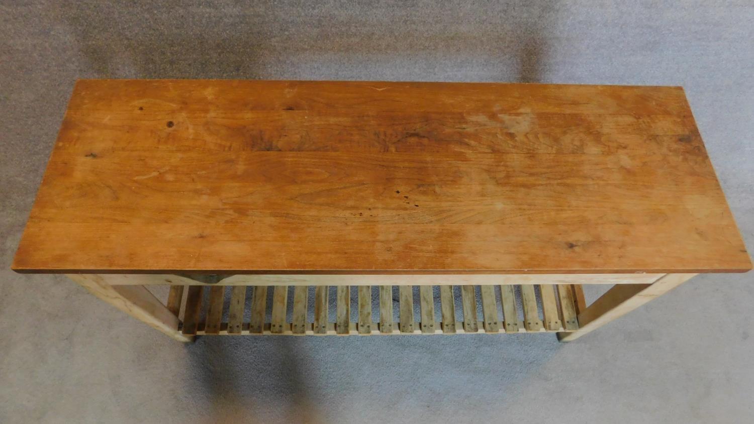 A teak plank top kitchen table with fitted end drawers on distressed base on square tapering - Image 6 of 6