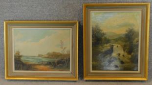 A pair of framed 19th century oils on canvas, riverscape and seascape, both indistinctly signed.