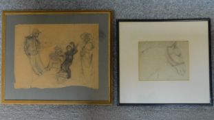 A framed and glazed pencil sketch, figural group and another of a horses head. 43x37cm (largest)