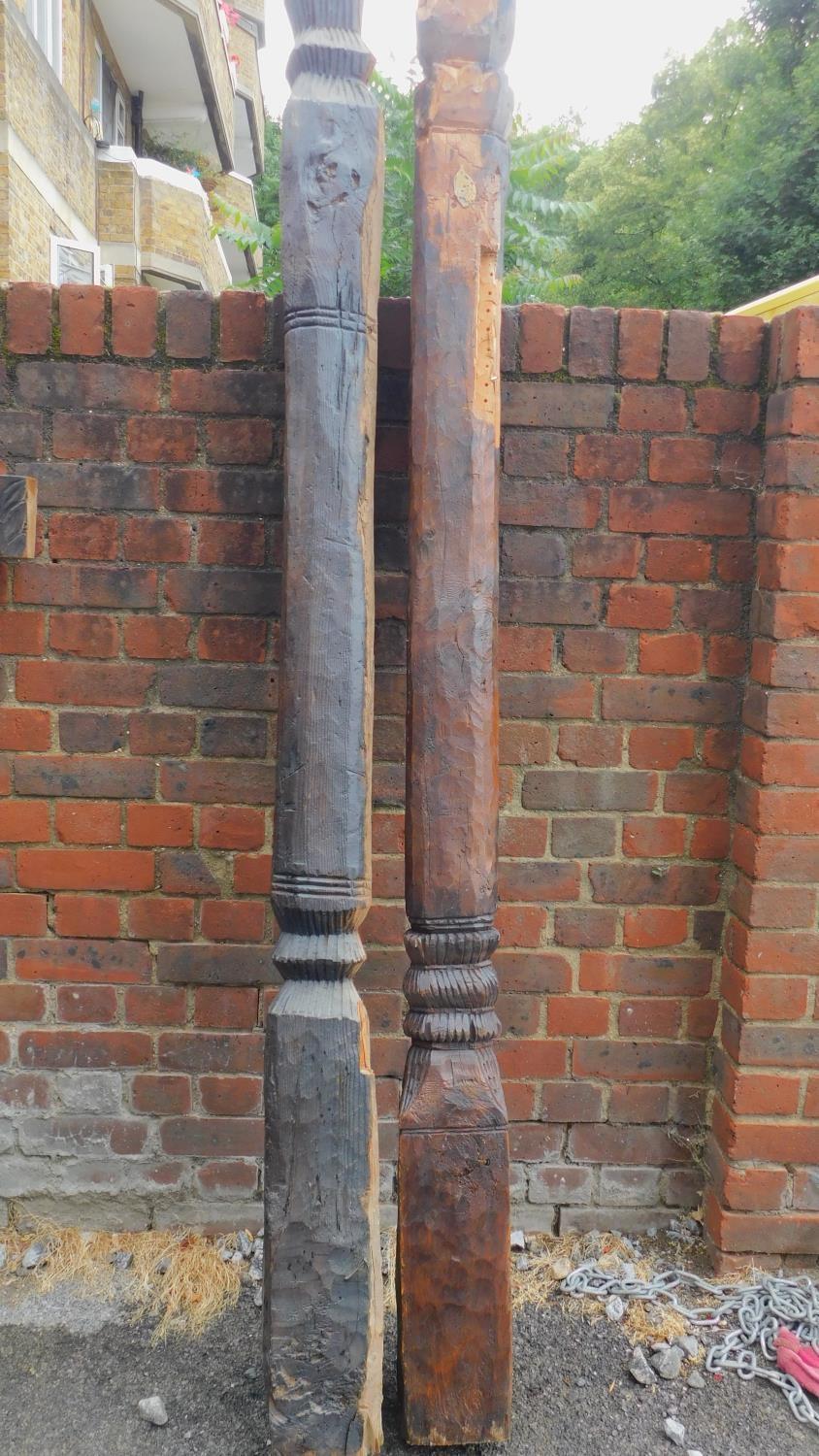 Two antique carved columns from the Kafiristan region of Afghanistan. H.210cm (largest) - Image 3 of 3