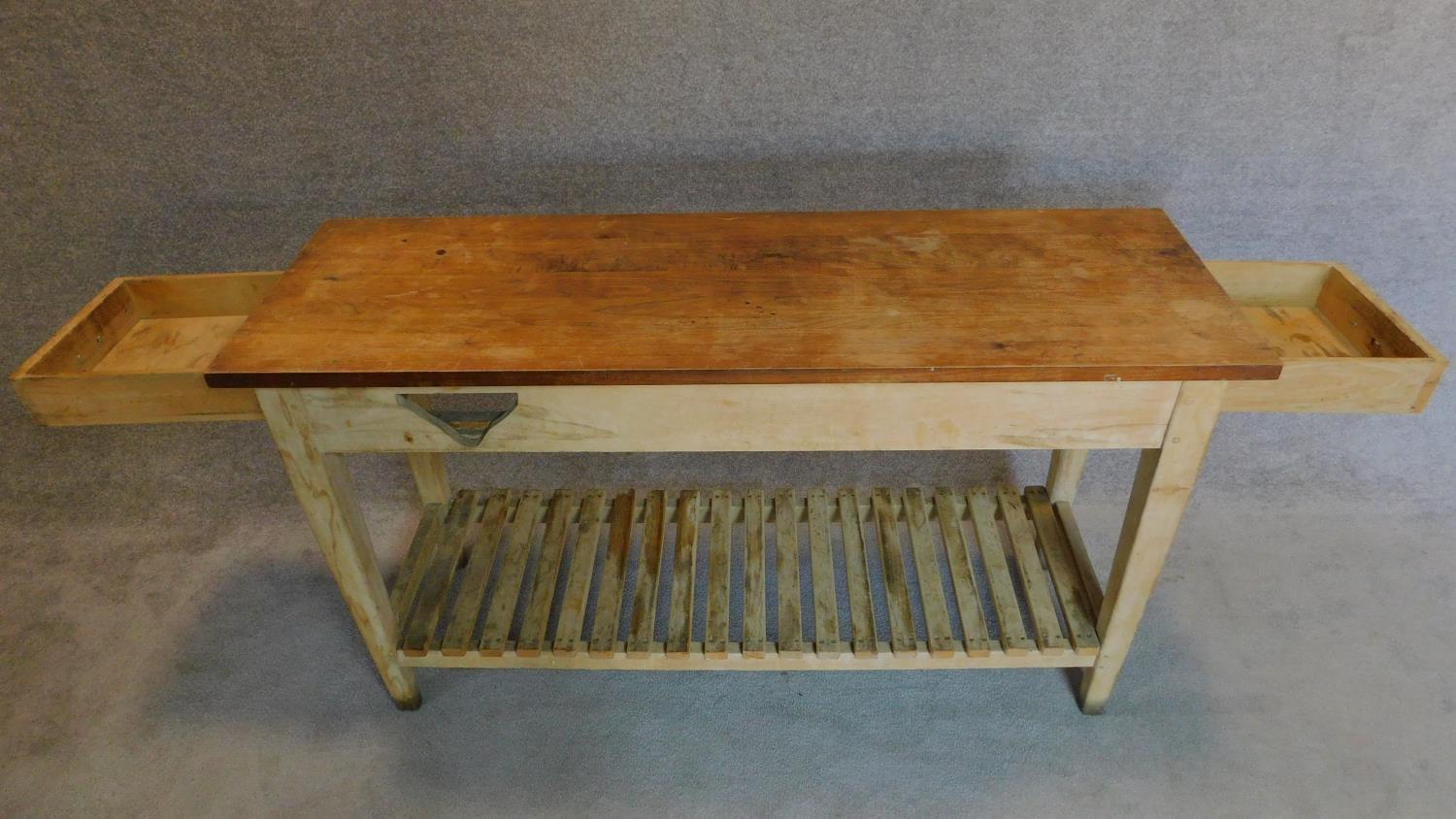 A teak plank top kitchen table with fitted end drawers on distressed base on square tapering - Image 3 of 6