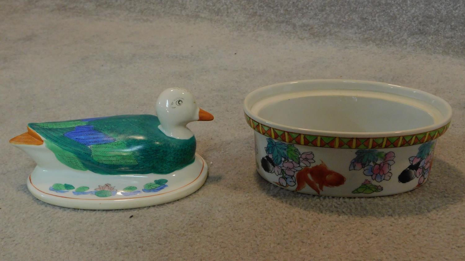 A coloured glass decanter, an animal carving and a lidded tureen. - Image 4 of 4