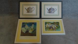 A pair of framed and glazed prints of Wedgwood tea pots and two Joaquin Sorolla prints. 54x48cm