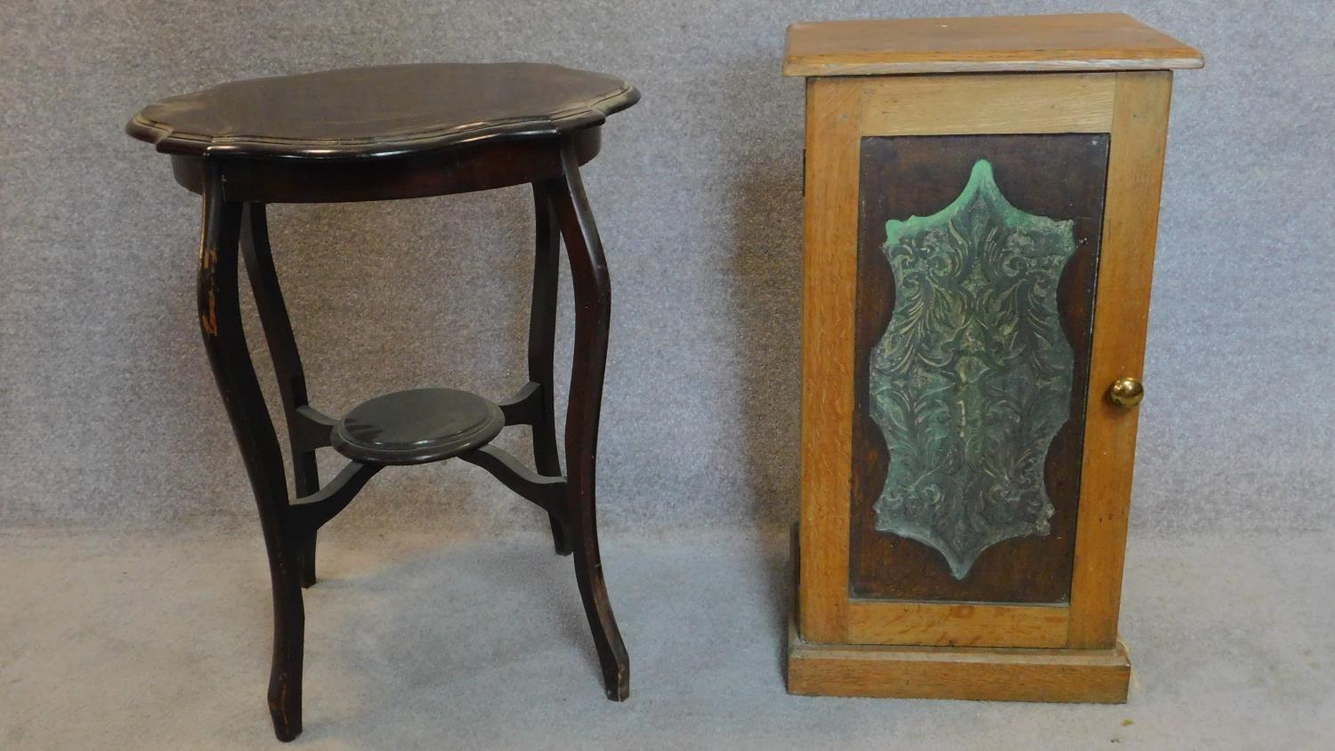 A Victorian oak pot cupboard and a Victorian shaped top occasional table. 77x42x34cm