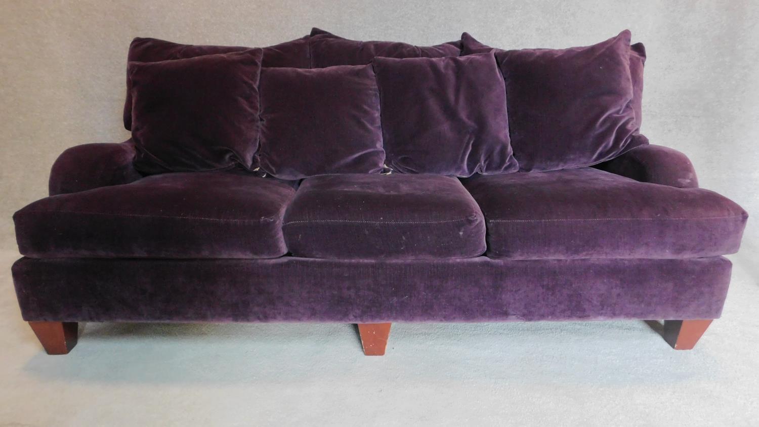 A Victorian style three seater sofa in purple velvet upholstery, makers label: Bernhardt. - Image 2 of 5