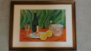 A framed oil on board, still life, signed V.D. Thoms 1962. 54x39cm