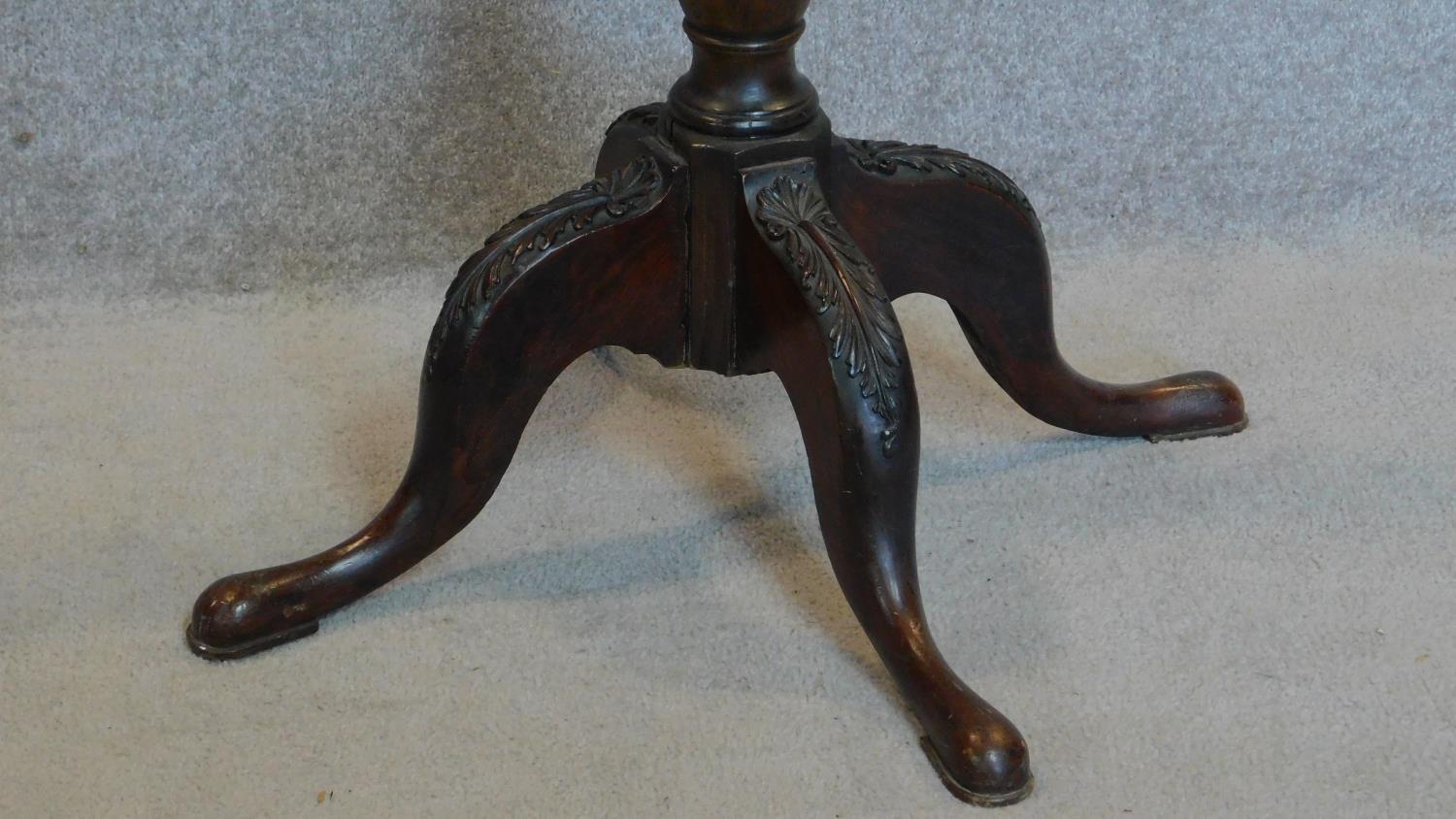 A mahogany coatstand with triple brass hooks on reeded column on quadruped carved cabriole - Image 2 of 5