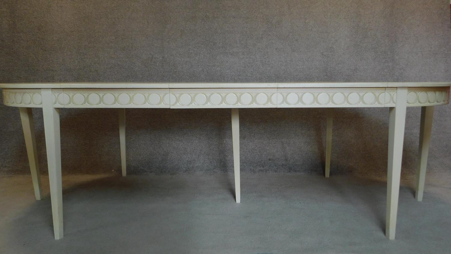 A white painted and decorated Georgian style extending dining table with three extra leaves, - Image 2 of 7