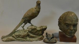 A plaster bust and pheasant and a moulded figure of a hen. H.38 (tallest) pheasant and hen A.F.