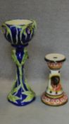 A majolica jardiniere on stand and another jardiniere stand. H.70 (tallest base)