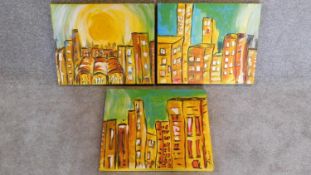 Three oils on canvas, stylised cityscapes, indistinctly signed. 41x51cm