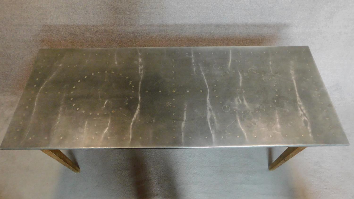 A 19th century pitch pine refectory dining table with studded zinc top on square tapering - Image 3 of 4