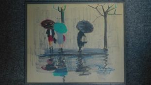 A glazed and framed pastel of figures on a rainy day. 52x62cm