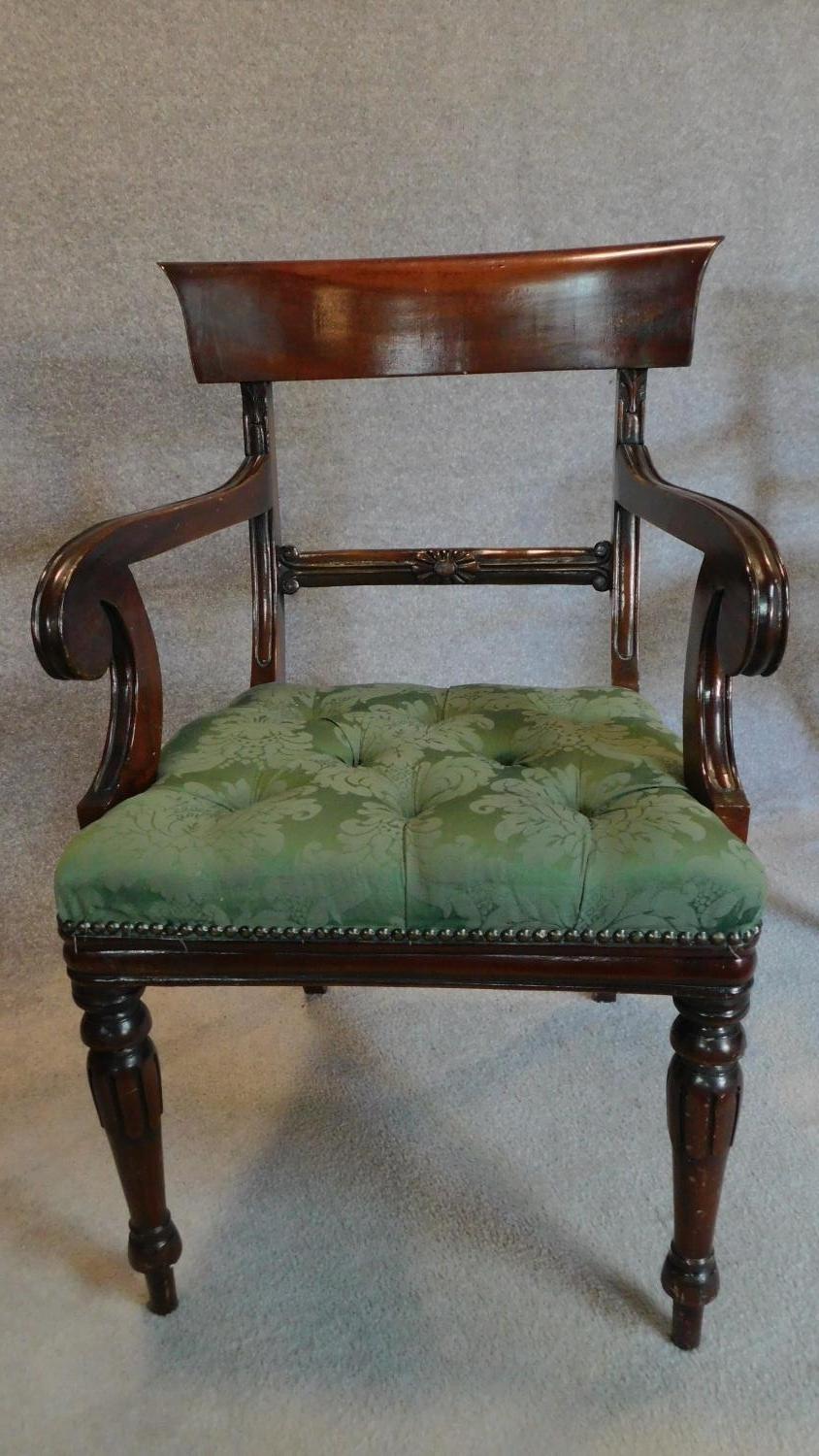 A pair of William IV style mahogany armchairs in buttoned floral green upholstery on turned tapering - Image 3 of 7