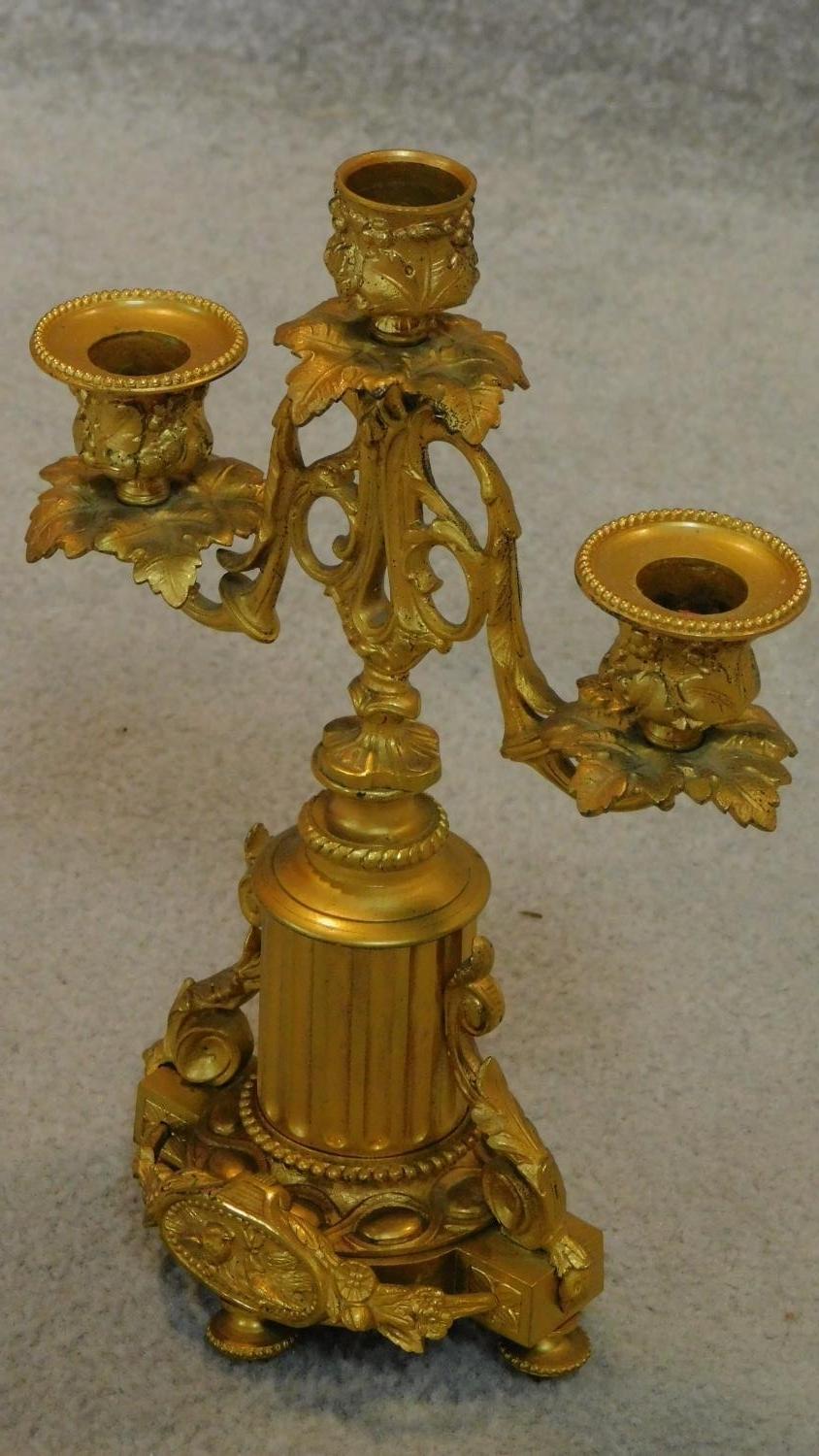 A pair of 19th century Empire style gilt metal three branch candelabra. H.29cm - Image 2 of 5