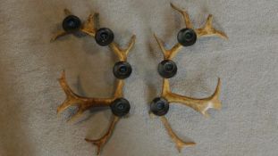 Two 4 sconce table candelabras from a pair of nine point reindeer antlers.