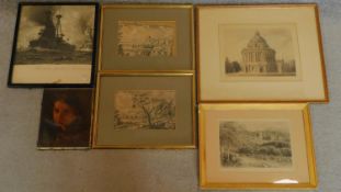 A miscellaneous collection of five 19th century and later framed and glazed prints and an unframed