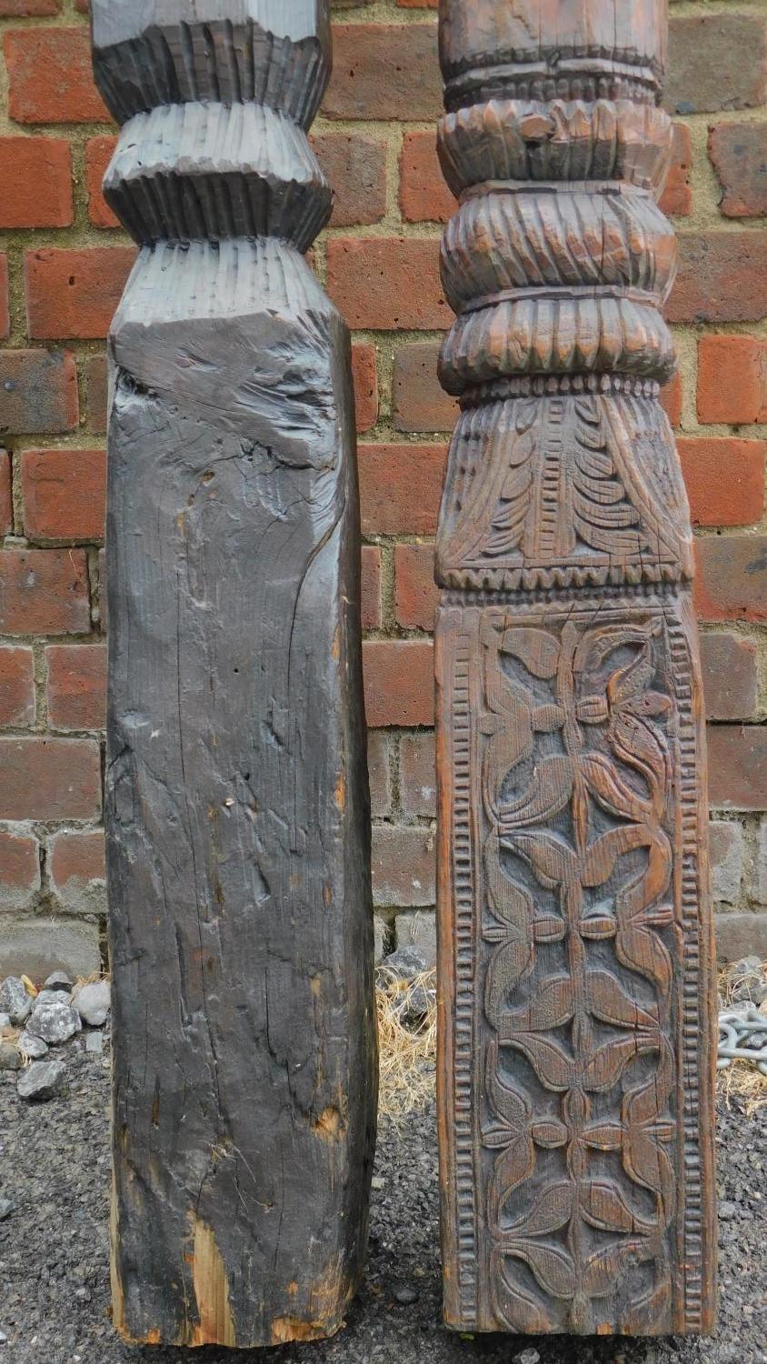 Two antique carved columns from the Kafiristan region of Afghanistan. H.210cm (largest) - Image 2 of 3