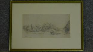 A framed and glazed pencil drawing, The river Thames, Robert William Hay, label verso. 49x34cm