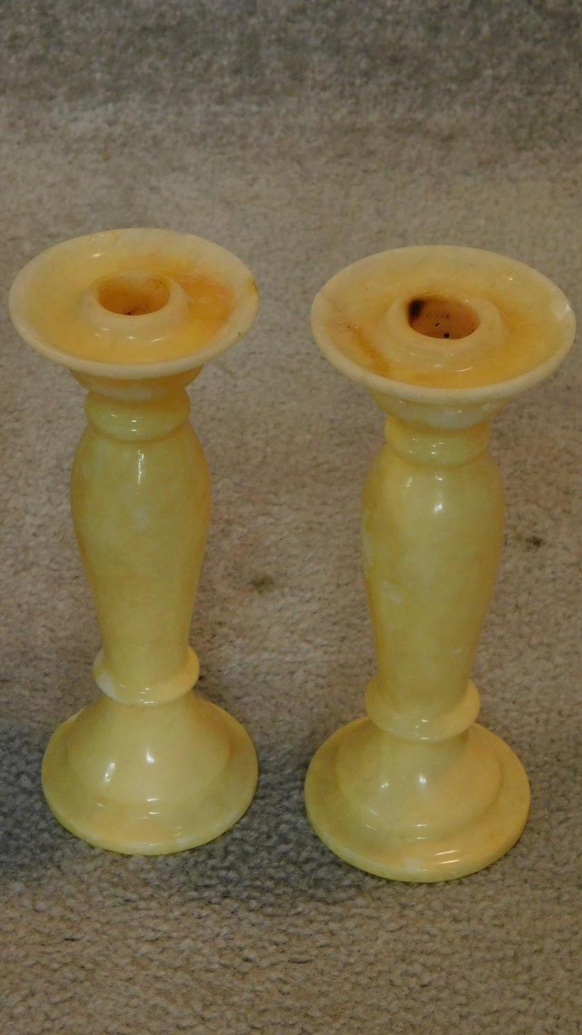 A baluster form table lamp and a pair of onyx candlesticks. H.35cm - Image 3 of 5