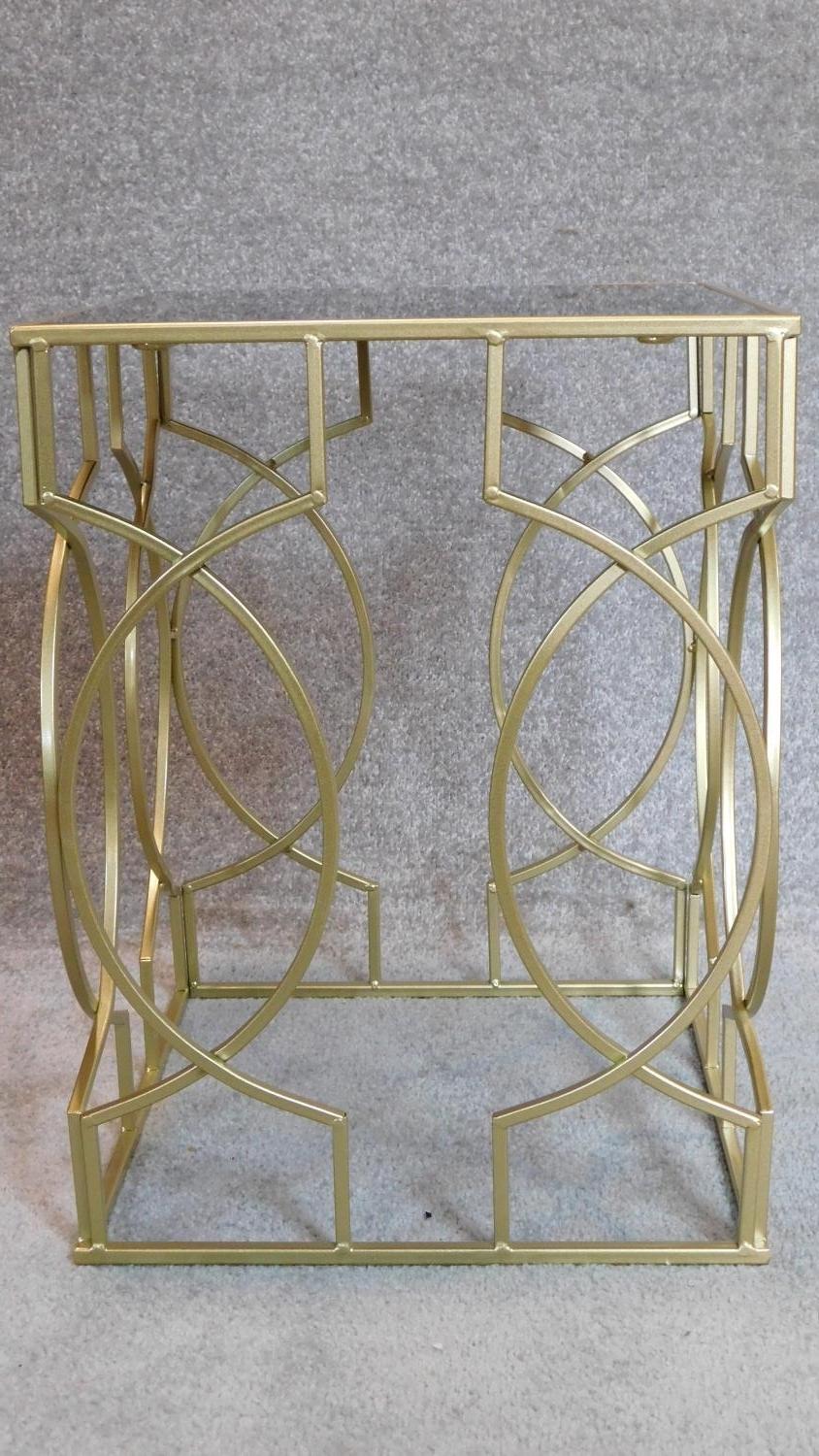 A pair of gilt metal framed low tables with glass tops. 50x38cm - Image 2 of 3