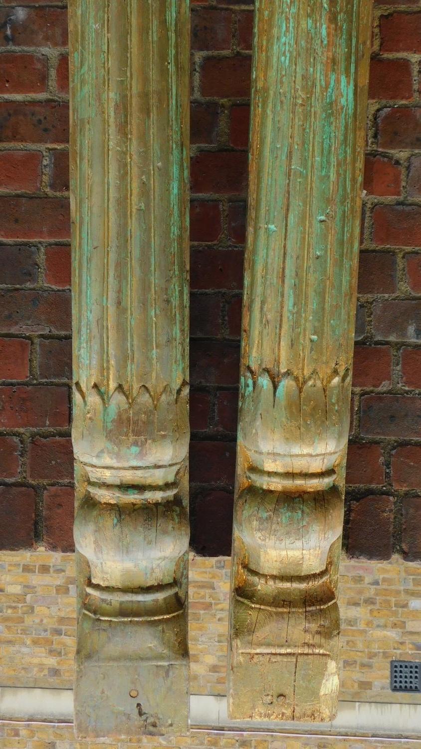 A pair of antique Indian carved, gilded and painted pillars. 209x16cm (largest) - Image 2 of 3