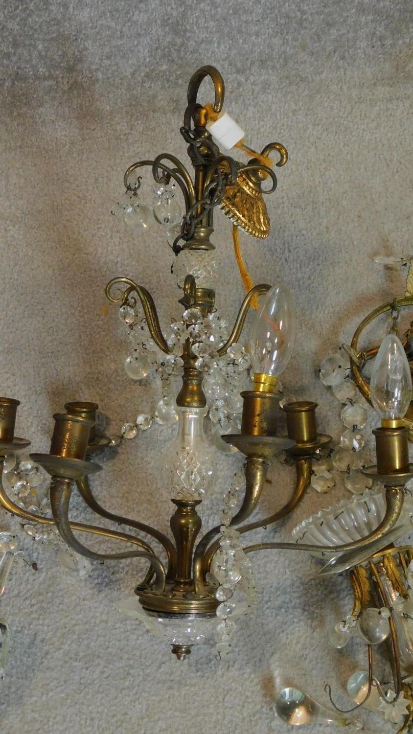 A crystal ceiling chandelier and two other similar light fittings. (A/F and in need of repair, not - Image 3 of 12
