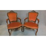 A pair of French walnut armchairs with Rococo carved cresting rail. H.95cm