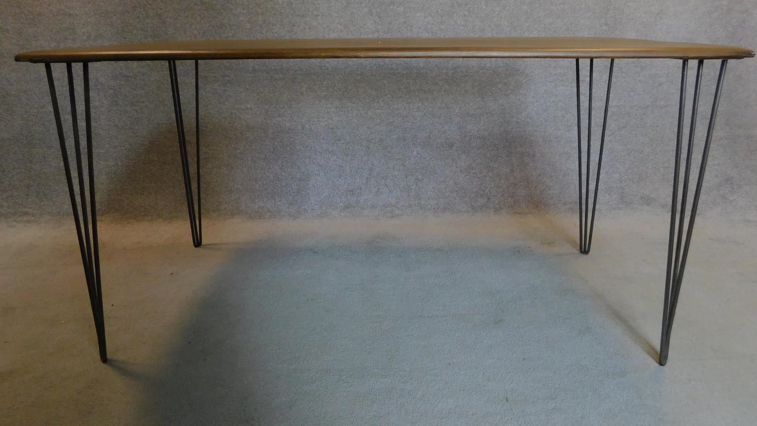 An oak topped dining table on hairpin supports. 73x155x77cm - Image 2 of 3