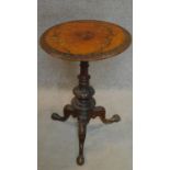 A Victorian burr walnut and inlaid circular tripod table. 73x50x50cm