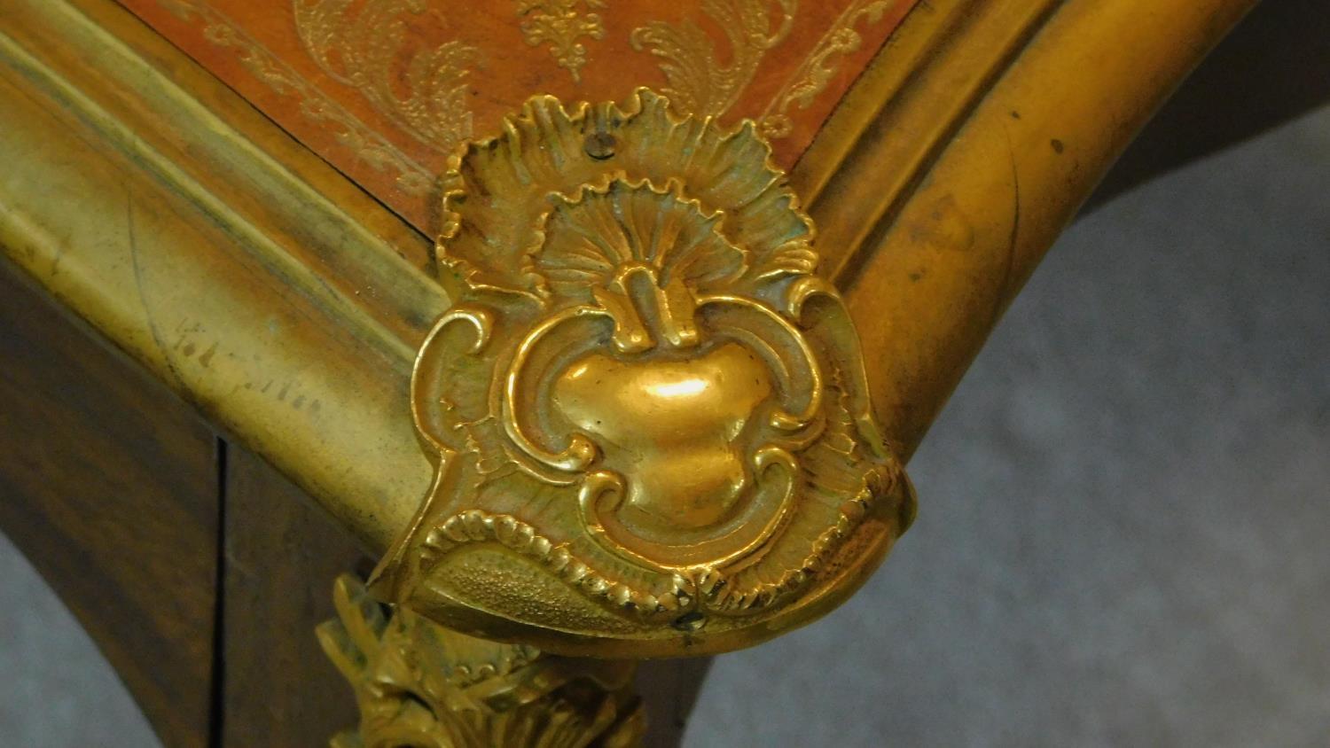 A walnut Louis XV style bureau plat of compact size with shaped tooled leather inset top with ormolu - Image 8 of 12