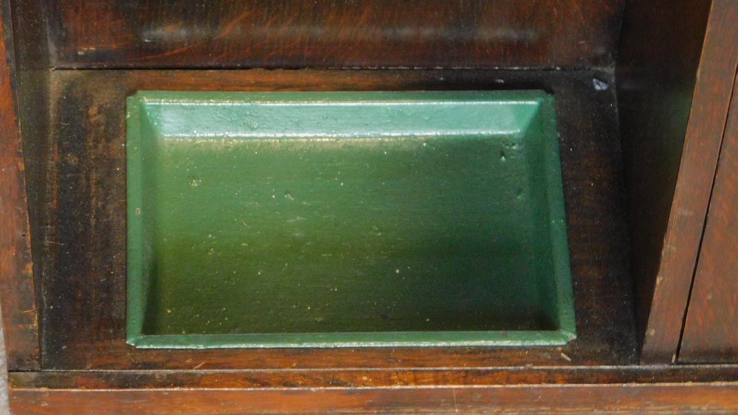 A mid 20th century oak hall cabinet fitted umbrella stand and drip tray. H.93 W.61 D.8cm - Image 5 of 5