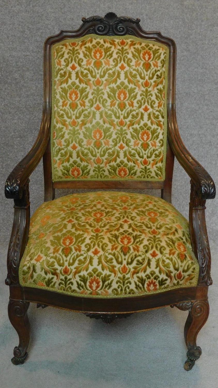 A pair of carved mahogany armchairs on cabriole supports. H.200cm (one back rail is loose) - Image 2 of 10