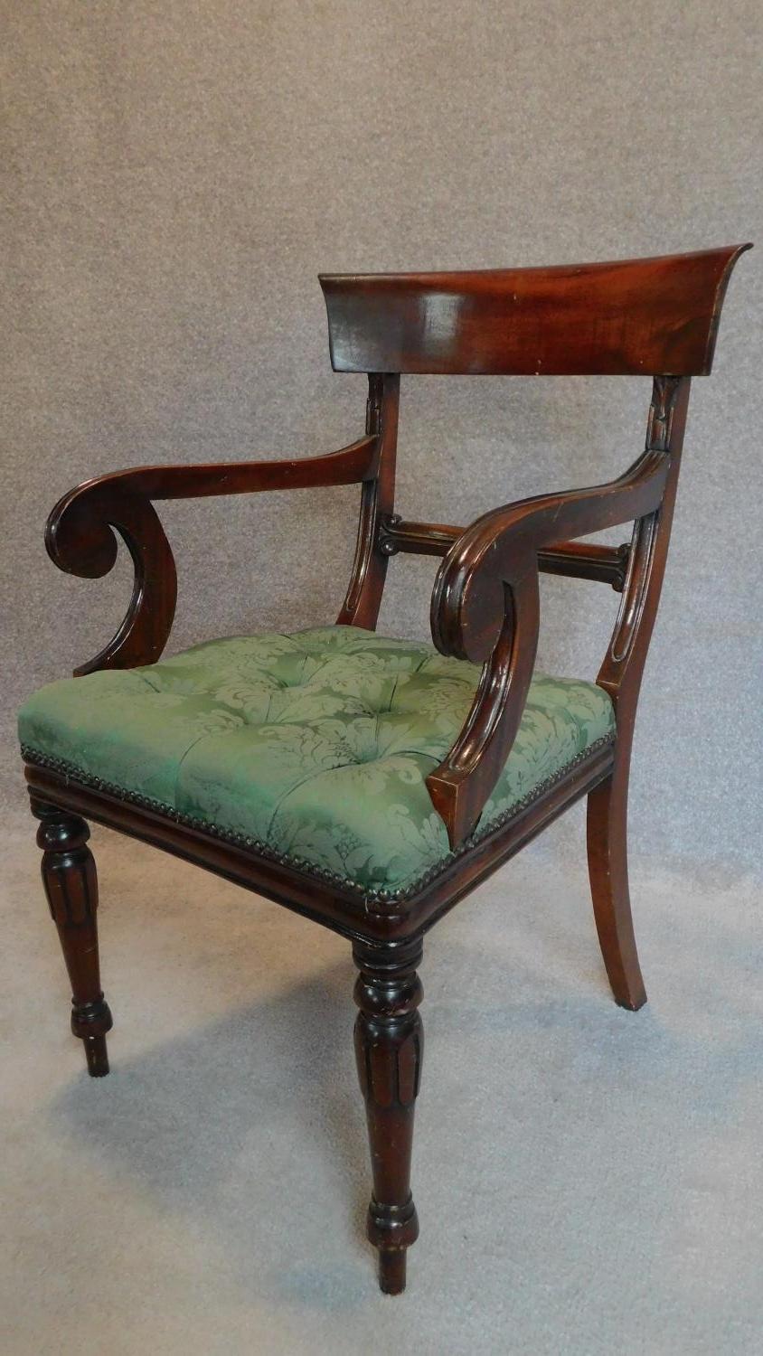 A pair of William IV style mahogany armchairs in buttoned floral green upholstery on turned tapering - Image 2 of 7