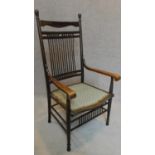 A late 19th century beech American style stick back armchair. H.83cm