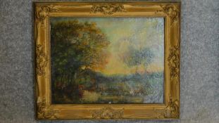 A 19th century gilt framed oil on board, river in a landscape with figures. 35x40cm