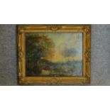 A 19th century gilt framed oil on board, river in a landscape with figures. 35x40cm