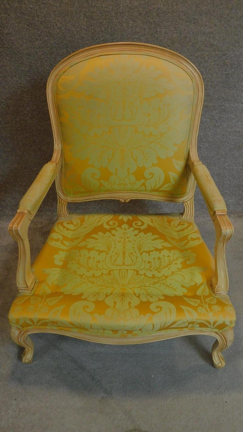 A pair of French style fauteuil with distressed painted frames in lemon floral upholstery. H.102cm - Image 4 of 8