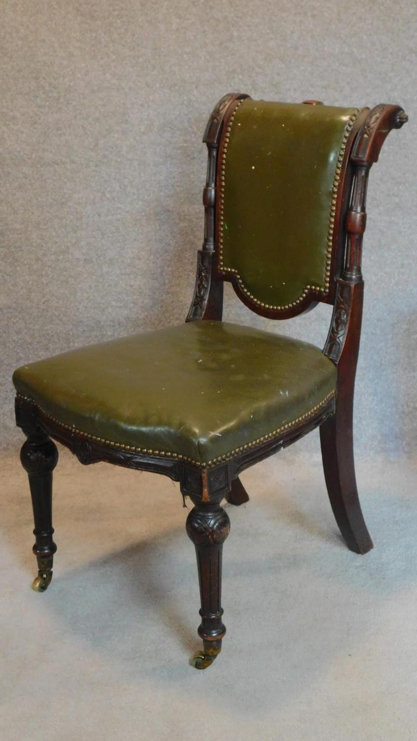 A set of seven late Victorian carved mahogany dining chairs in the Gillow's manner upholstered in - Image 2 of 10