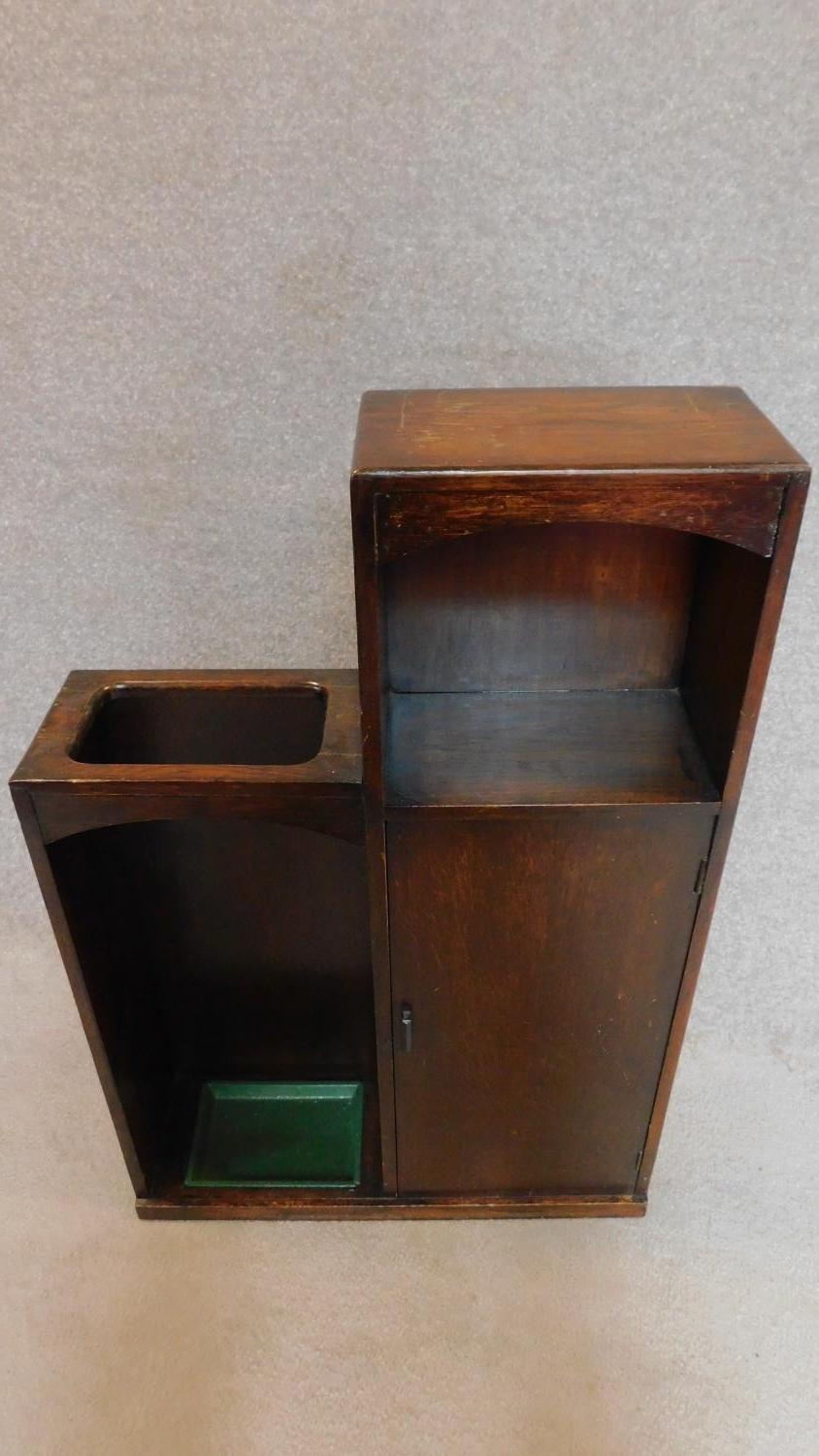 A mid 20th century oak hall cabinet fitted umbrella stand and drip tray. H.93 W.61 D.8cm - Image 3 of 5