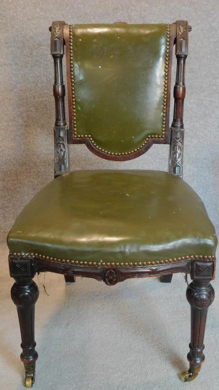 A set of seven late Victorian carved mahogany dining chairs in the Gillow's manner upholstered in - Image 3 of 10
