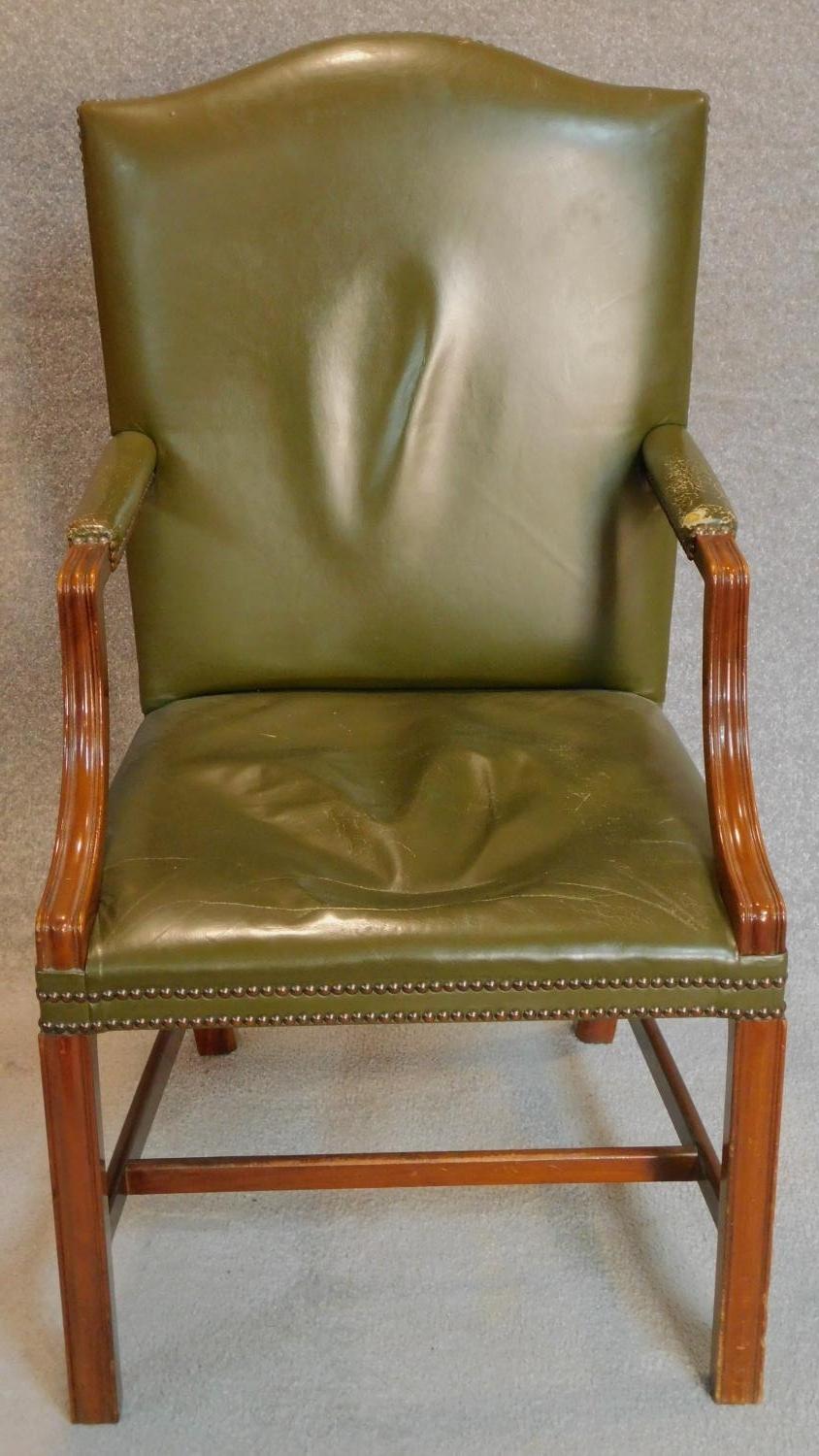 A pair of Georgian style mahogany Gainsborough chairs in green leather upholstery. H.105cm - Image 2 of 6