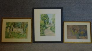 A framed and glazed watercolour, Church graveyard, signed Jack Rickards 1999 label verso and two