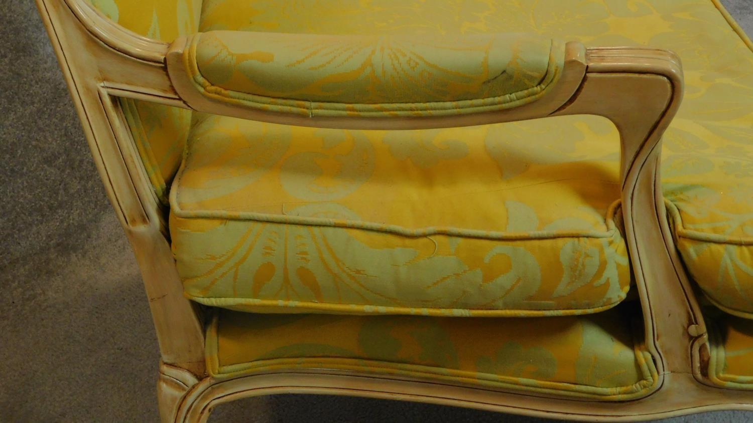 A pair of French style fauteuil with distressed painted frames in lemon floral upholstery. H.102cm - Image 5 of 8